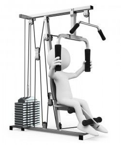 3d white people. Man at the gym exercising in a weight machine. Isolated white background.